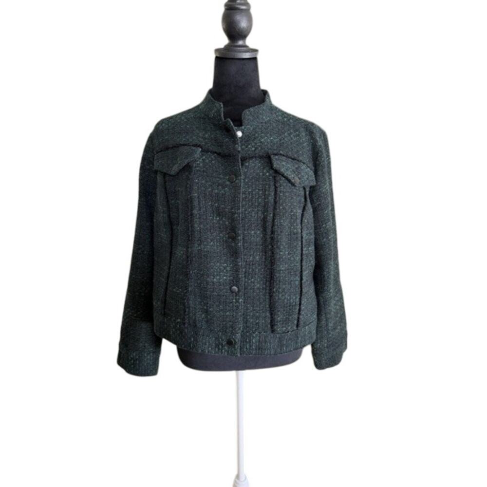 J.Jill Tweed Jacket Womens L Green Black Cropped Snap Front Textured Classic - Picture 2 of 12